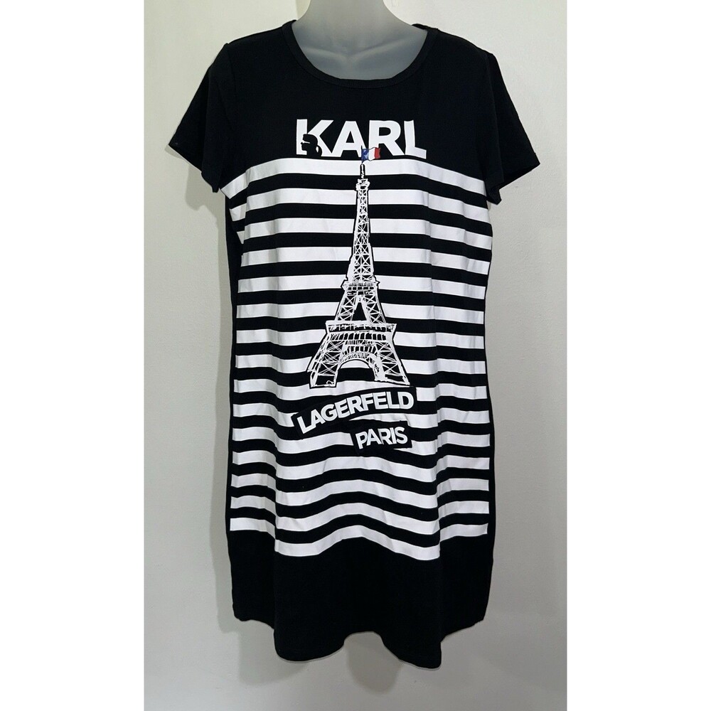 KARL LAGERFELD Black Striped Eiffel Tower Paris T-Shirt Dress Sz M